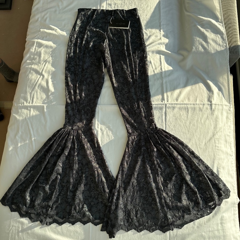 NWT Sheer Grey/Black Lace Bell-Bottom Stretch Pants